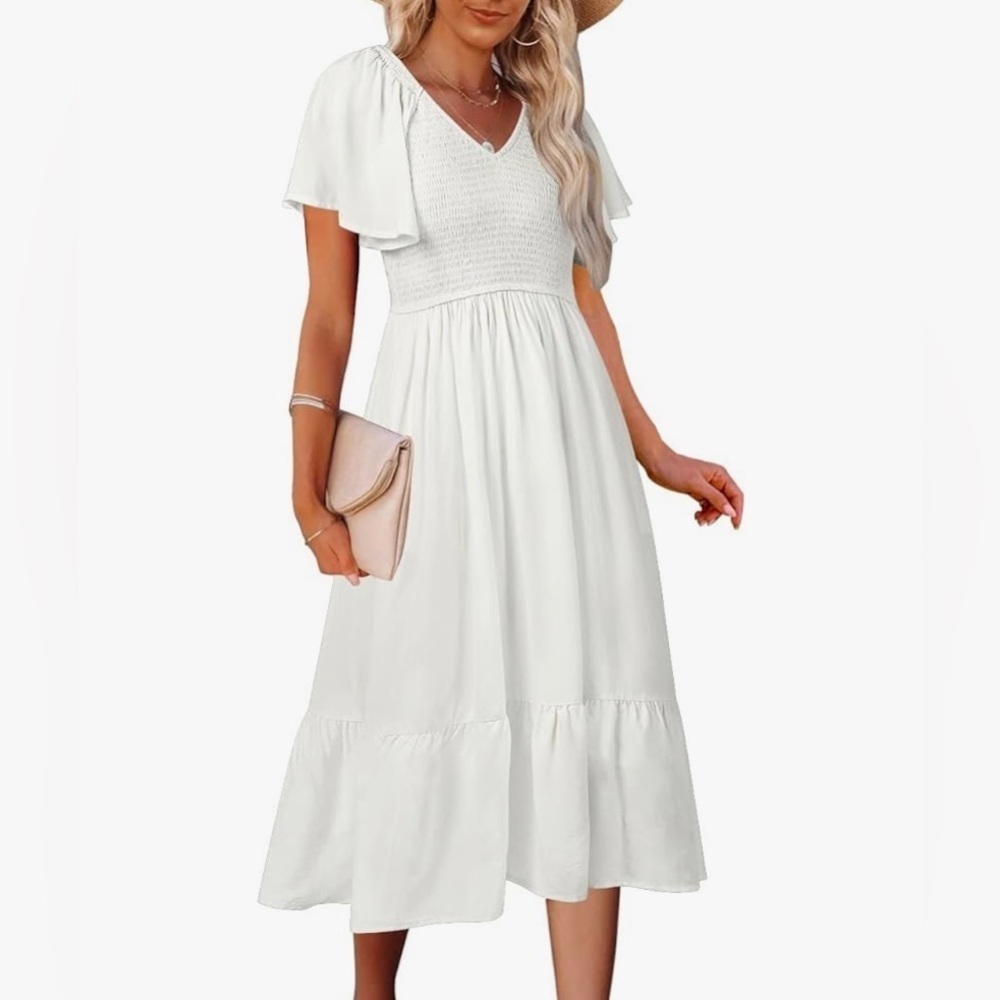MEROKEETY Casual V Neck Ruffle Sleeve Smocked High Waist Midi Dress With Pockets